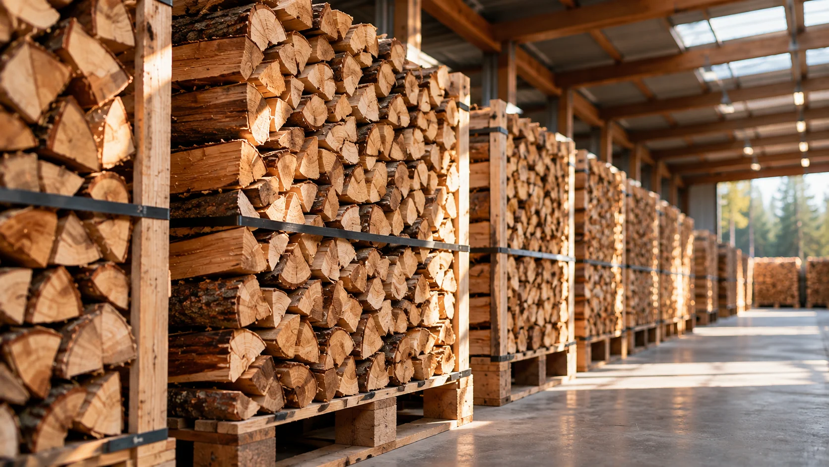 Brandhout op pallets in het depot van Bois de Chauffage B.D.C.