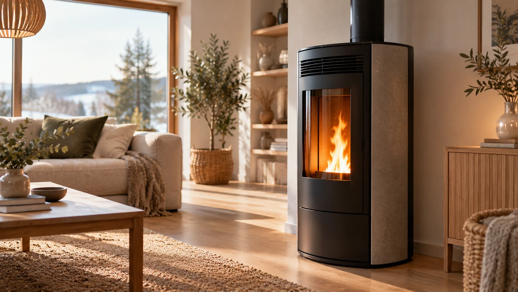 Pelletkachel in een Scandinavische woonkamer